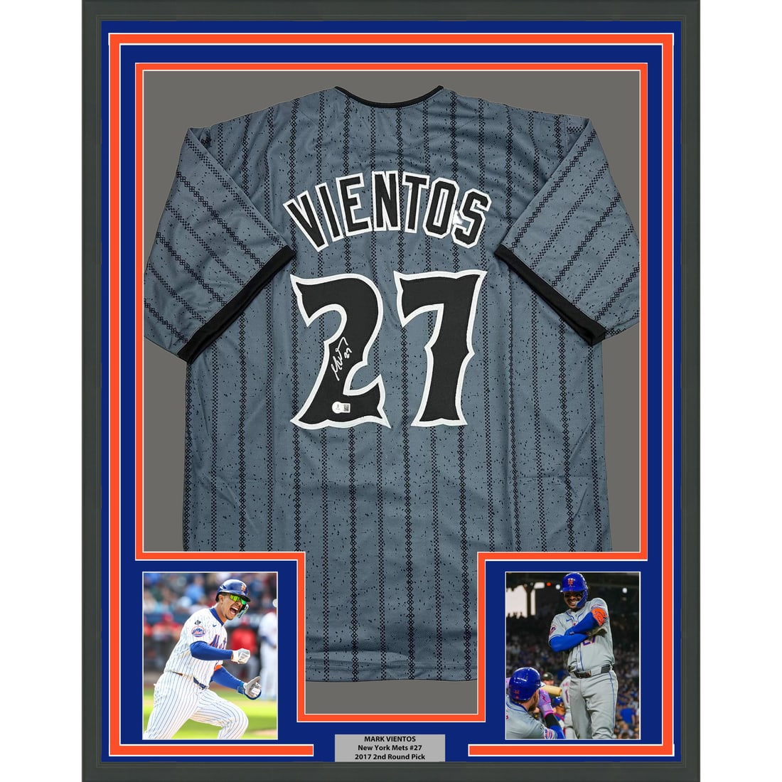 Mark Vientos Signed 35x39 Framed New York Grey Jersey Beckett Authenticated: Mark Vientos Signed 35x39 Framed New York Grey Jersey Beckett Authenticated This professionally framed display features a New York Mets grey jersey autographed by Mark Vientos. The jersey is authentic