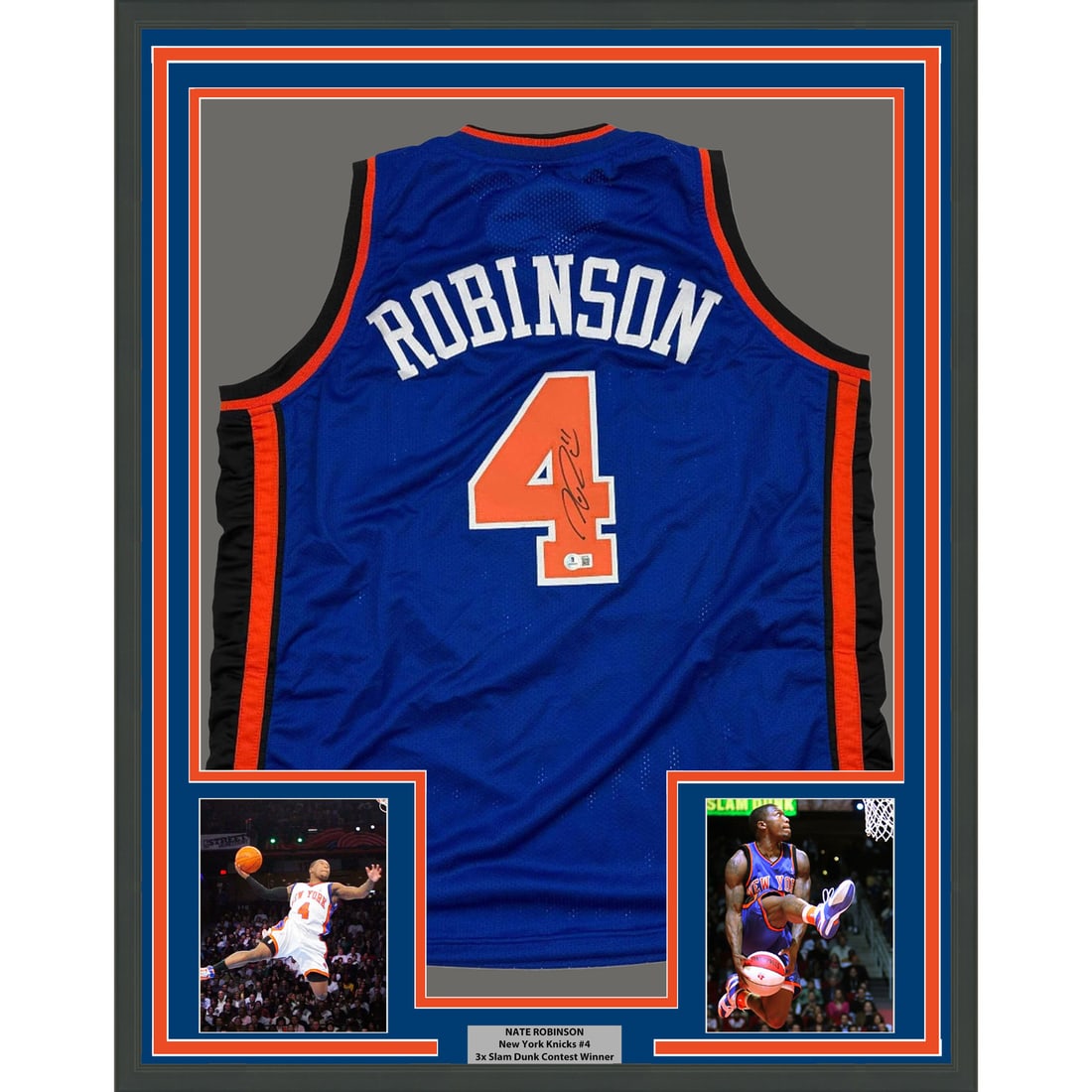 Framed Autographed Nate Robinson New York Knicks Jersey Beckett Certified: Framed Autographed Nate Robinson New York Knicks Jersey Beckett Certified Celebrate the legacy of Nate Robinson with this professionally framed and autographed 35x39 inch blue New York Knicks jersey.