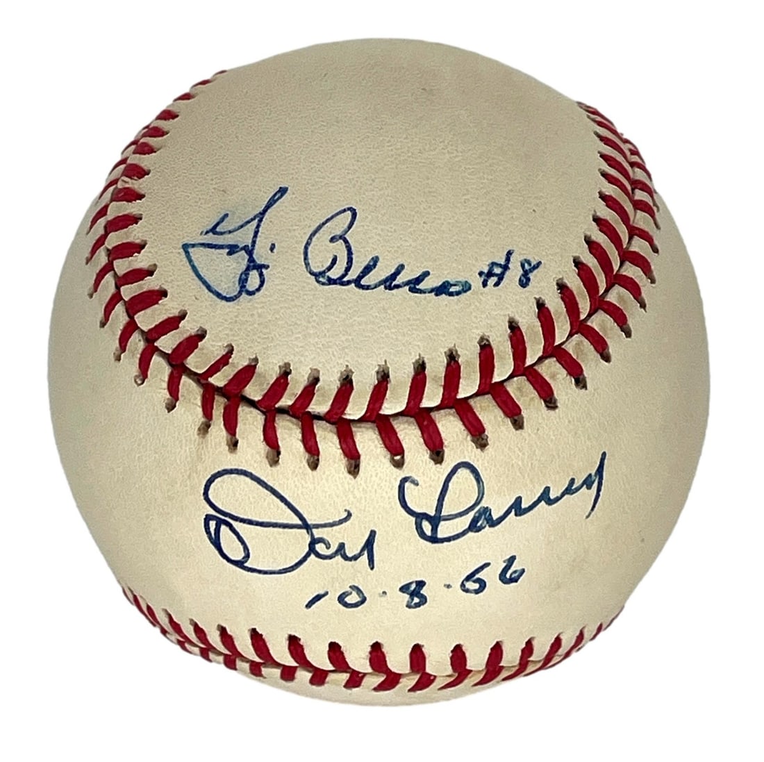 PSA DNA Authenticated OAL Baseball Signed by Yogi Berra and Don Larsen Inscribed 10-8-56: PSA DNA Authenticated OAL Baseball Signed by Yogi Berra and Don Larsen Inscribed 10-8-56 This is an original Official American League (OAL) baseball dual-signed by Yogi Berra and Don Larsen, with the