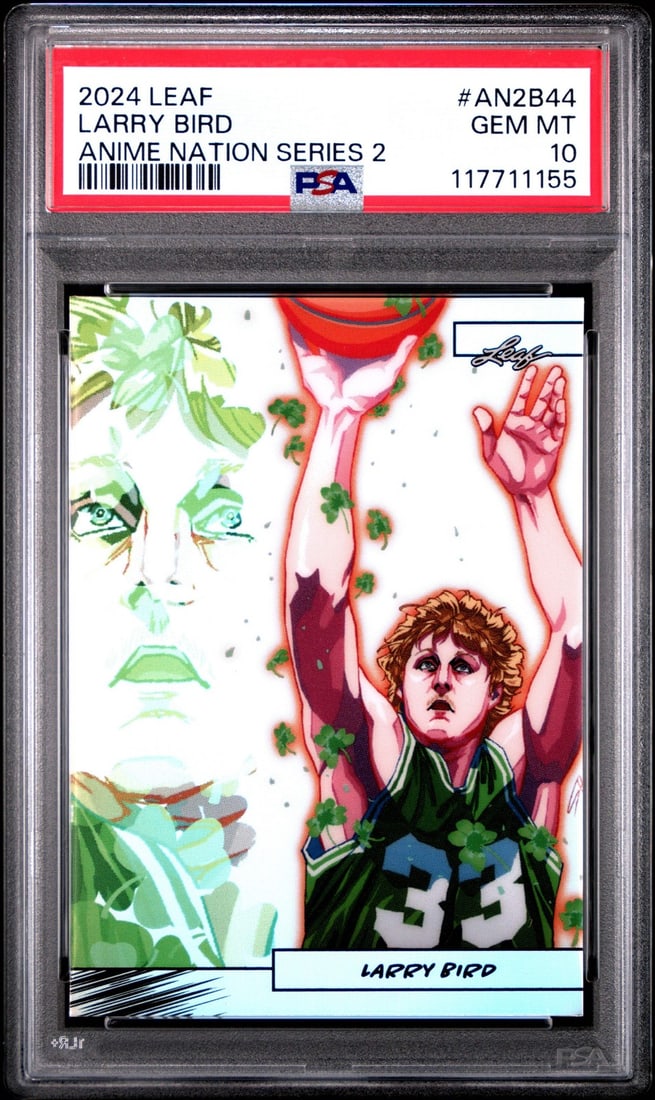 2024 Leaf Larry Bird #AN2B22 Anime Nation Basketball Card PSA 10: 2024 Leaf Larry Bird #AN2B22 Anime Nation Basketball Card PSA 10 This is a graded 2024 Leaf Larry Bird #AN2B22 Anime Nation basketball card, limited to just 99 copies. The card features the legendary