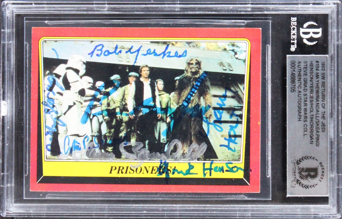 Star Wars 1983 ROTJ #104 Card Signed by 6 Beckett Authenticated: Star Wars 1983 ROTJ #104 Card Signed by 6 Beckett Authenticated This is a signed 1983 Star Wars Return of the Jedi #104 trading card featuring the autographs of notable actors Peter Mayhew, Glenn Rand