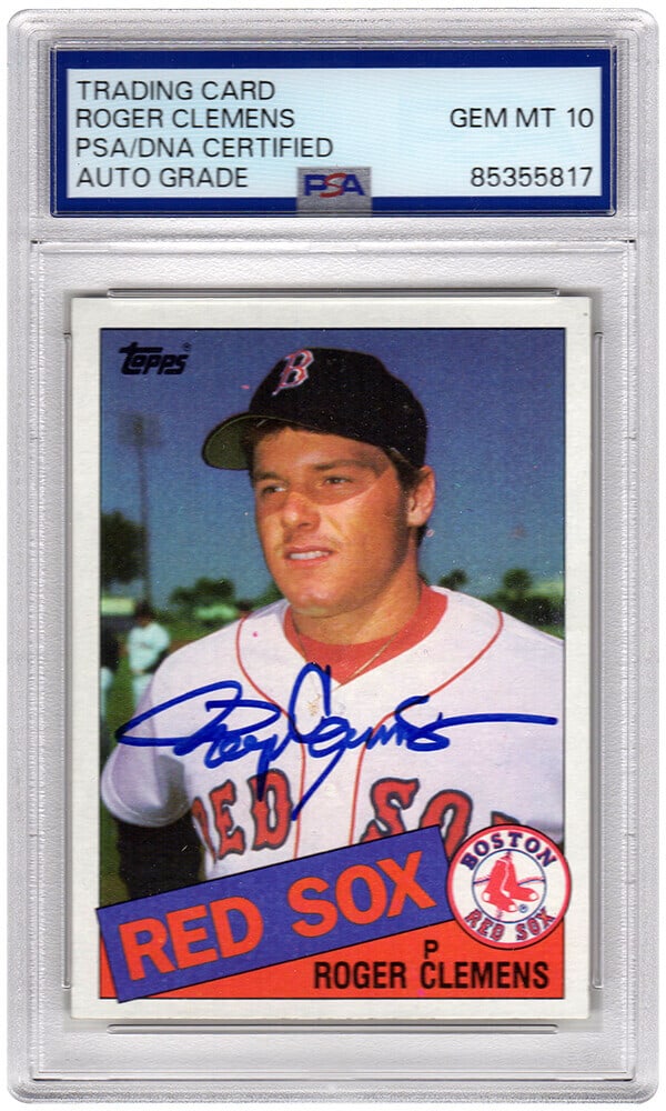 Roger Clemens Signed 1985 Topps Rookie Card #181 PSA Mint 10: Roger Clemens Signed 1985 Topps Rookie Card #181 PSA Mint 10 This is a Roger Clemens signed 1985 Topps rookie baseball card #181, showcasing one of the most celebrated players in baseball history. The