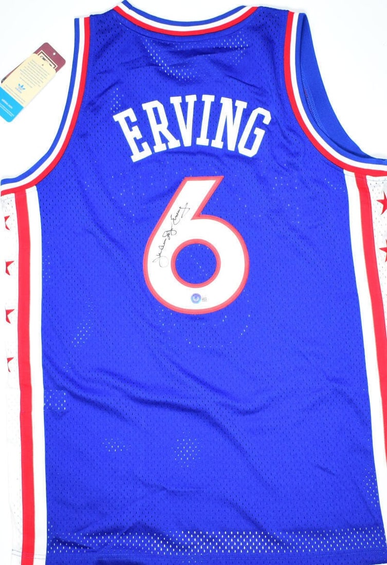 Julius Erving Signed Blue Adidas Jersey Philadelphia 76ers Beckett Authenticated: Julius Erving Signed Blue Adidas Jersey Philadelphia 76ers Beckett Authenticated This is an original blue Adidas Swingman jersey autographed by basketball legend Julius Erving. The jersey features the