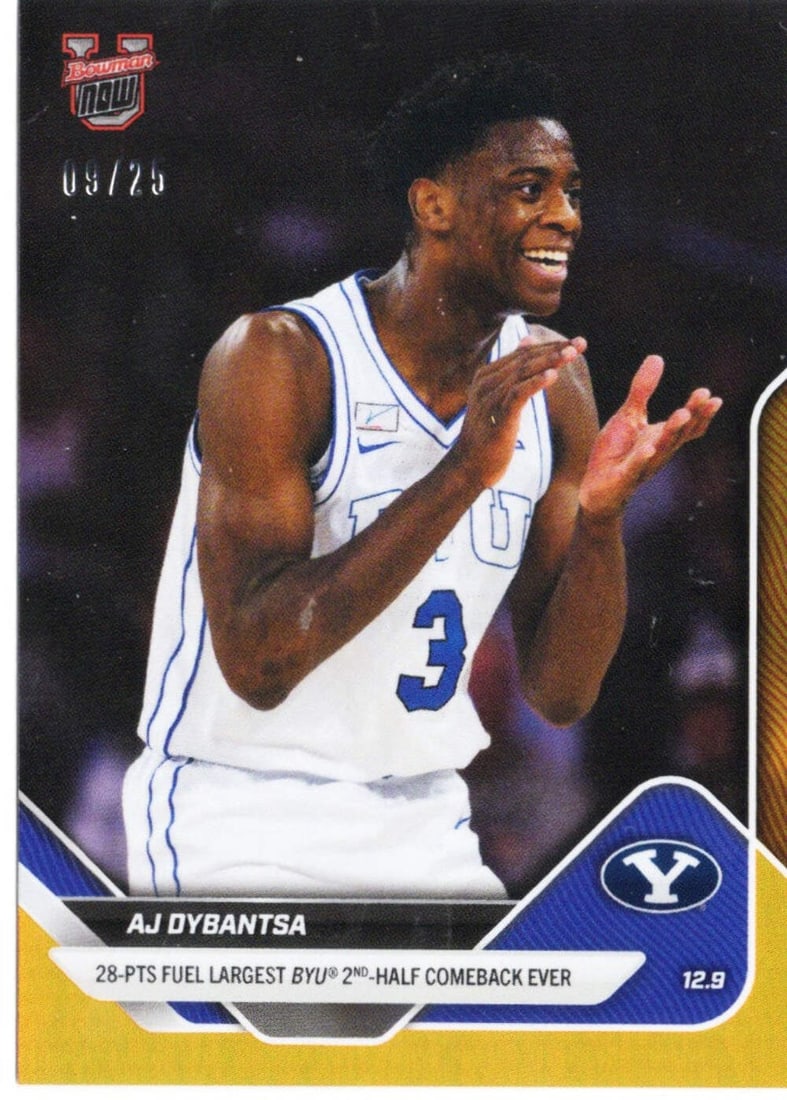 AJ Dybantsa 2025 Orange Foil Rookie Basketball Card Serial Numbered to 25: AJ Dybantsa 2025 Orange Foil Rookie Basketball Card Serial Numbered to 25 This is an original 2025 Topps Bowman U Now AJ Dybantsa #28 Orange Foil /25 rookie basketball card featuring AJ Dybantsa of th