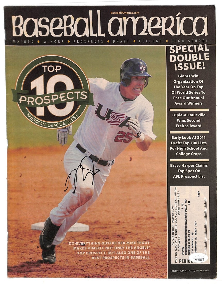 Mike Trout Signed Baseball America Magazine JSA Authenticated Angels: Mike Trout Signed Baseball America Magazine JSA Authenticated Angels This is a complete issue of Baseball America magazine featuring Mike Trout, one of baseball's brightest stars. The magazine is