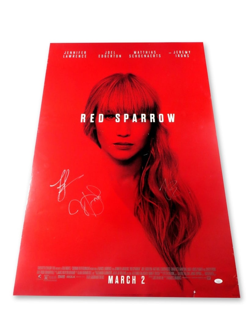 Red Sparrow Multi Signed 27x40 Poster JSA Authenticated Lawrence Edgerton: Red Sparrow Multi Signed 27x40 Poster JSA Authenticated Lawrence Edgerton This is an original multi-signed 27" x 40" poster for the film "Red Sparrow," featuring autographs from renowned actors