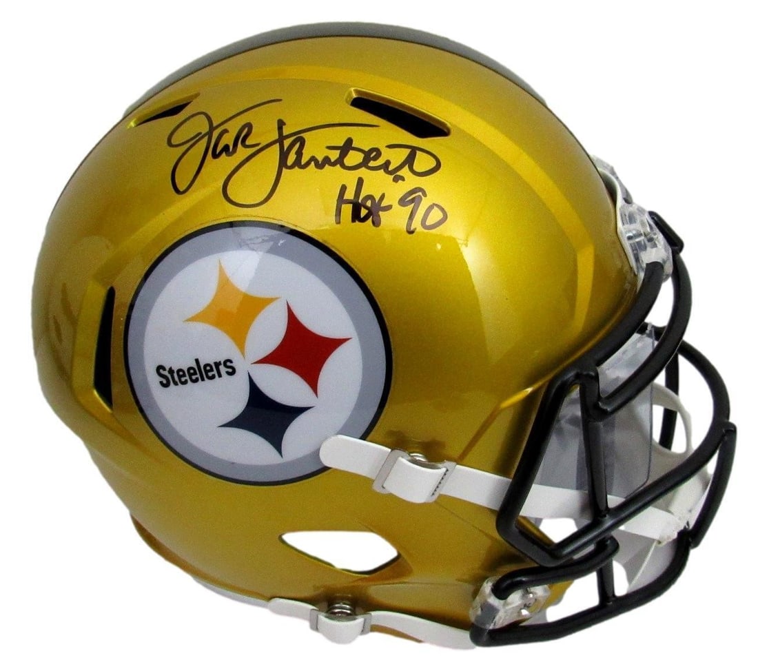 Jack Lambert Signed HOF 90 Steelers Gold Flash Helmet JSA Authenticated: Jack Lambert Signed HOF 90 Steelers Gold Flash Helmet JSA Authenticated This is a Jack Lambert Hall of Fame (HOF) signed and inscribed "HOF 90" Pittsburgh Steelers Gold Full Size Flash Replica