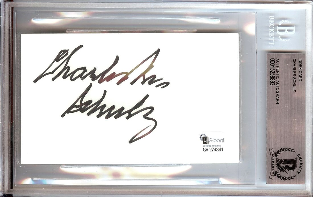 Charles Schultz Signed Autographed Index Card Peanuts BAS Authenticated: Charles Schultz Signed Autographed Index Card Peanuts BAS Authenticated This is an original signed index card by Charles Schultz, the renowned creator of the Peanuts comic strip. The autograph is auth