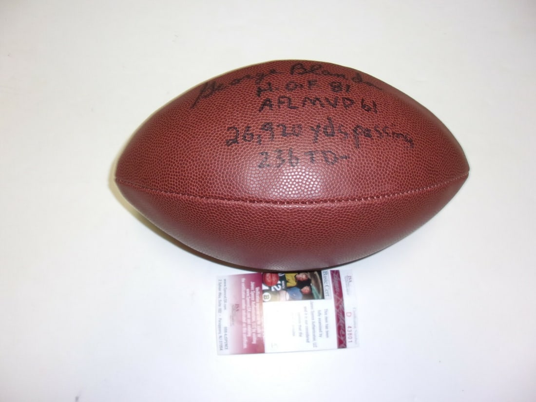 George Blanda Signed Raiders Football JSA COA Hall of Fame 1981 AFL MVP 1961: George Blanda Signed Raiders Football JSA COA Hall of Fame 1981 AFL MVP 1961 This is an original football signed by George Blanda of the Oakland Raiders. Blanda, a Hall of Fame inductee in 1981 and th