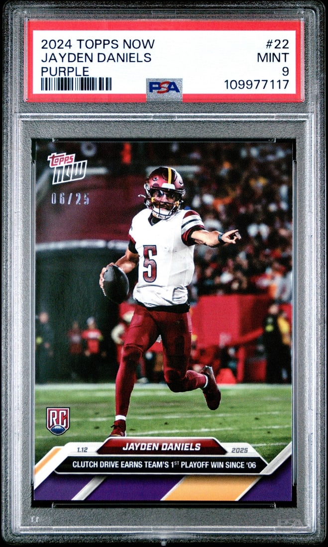 2024 Topps Now Jayden Daniels #22 Purple /25 Rookie Card PSA 9: 2024 Topps Now Jayden Daniels #22 Purple /25 Rookie Card PSA 9 Add to your collection with this 2024 Topps Now Jayden Daniels #22 Purple /25 Rookie Football Card, graded PSA 9. This original card feat