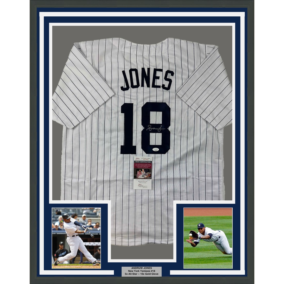 Framed Autographed Andruw Jones New York Yankees Jersey JSA COA: Framed Autographed Andruw Jones New York Yankees Jersey JSA COA This impressive display features a framed and autographed Andruw Jones New York Yankees pinstripe jersey, measuring 33x42 inches. The it
