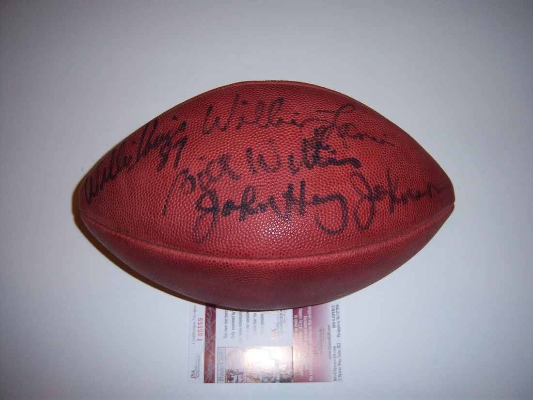 Official Football Signed by Willie Lanier Willie Davis Bill Willis Plus Two JSA COA: Official Football Signed by Willie Lanier Willie Davis Bill Willis Plus Two JSA COA This official game football has been hand-signed by Willie Lanier, Willie Davis, Bill Willis, and two additional sig