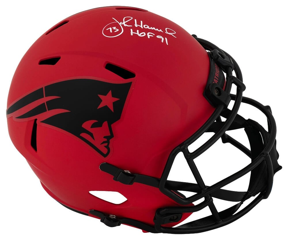John Hannah Signed Patriots RAVE Full Size Helmet with HOF 91 Inscription: John Hannah Signed Patriots RAVE Full Size Helmet with HOF 91 Inscription Add a touch of NFL history to your collection with this John Hannah signed New England Patriots RAVE Riddell full-size replica