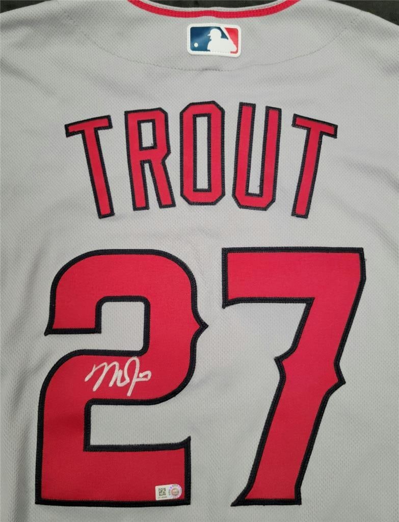 Mike Trout Signed Los Angeles Angels Away Jersey MLB Authenticated: Mike Trout Signed Los Angeles Angels Away Jersey MLB Authenticated This is an authentic Los Angeles Angels away jersey signed by Mike Trout, featuring official Major League Baseball hologram authentic