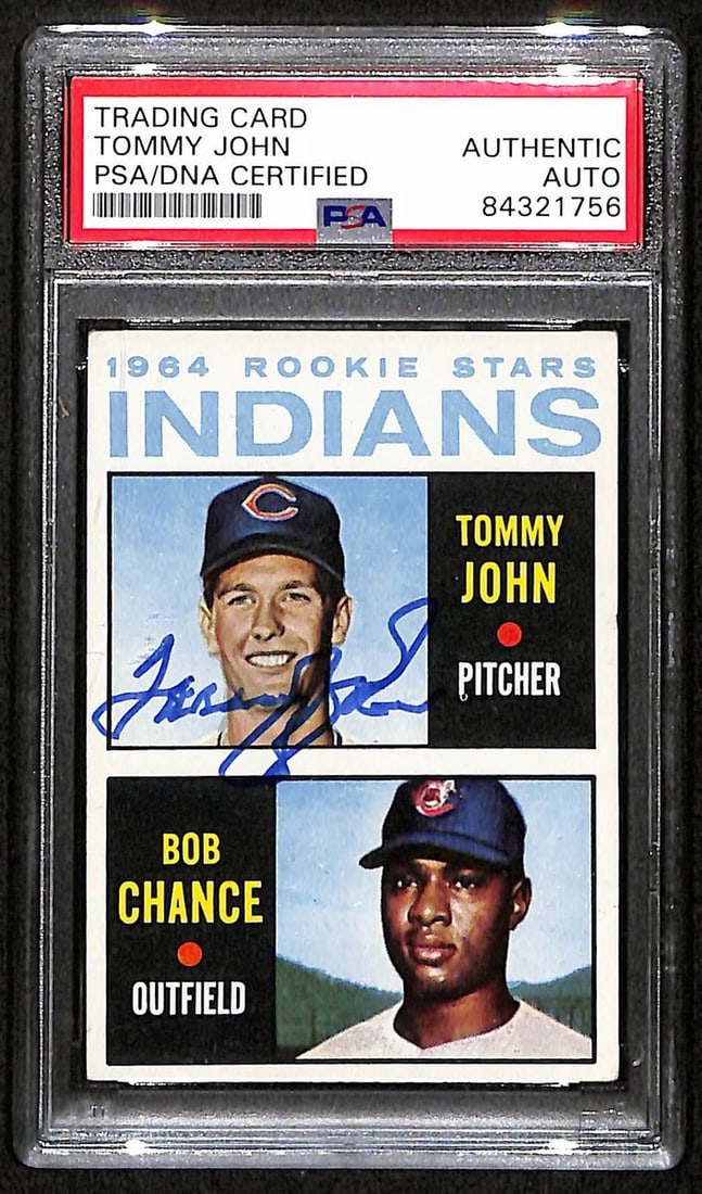 Tommy John Autographed 1964 Topps Rookie Card PSA/DNA Indians #146: Tommy John Autographed 1964 Topps Rookie Card PSA/DNA Indians #146 Offered is a Tommy John autographed 1964 Topps Rookie baseball card, featuring card number #146. This original card showcases the sig