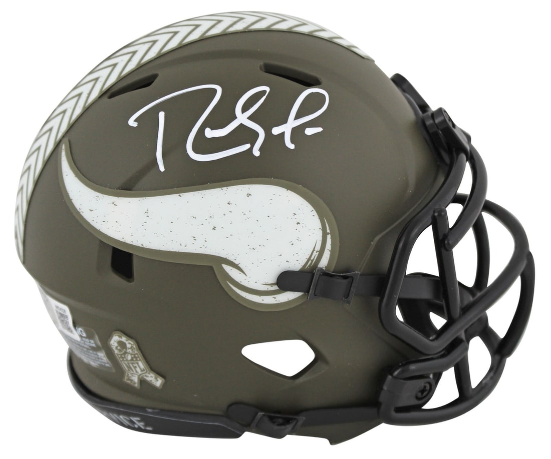 Randy Moss Signed Vikings Salute To Service Mini Helmet BAS Authenticated: Randy Moss Signed Vikings Salute To Service Mini Helmet BAS Authenticated Celebrate the legacy of Randy Moss with this signed Minnesota Vikings Salute To Service Speed Mini Helmet. This collectible pi