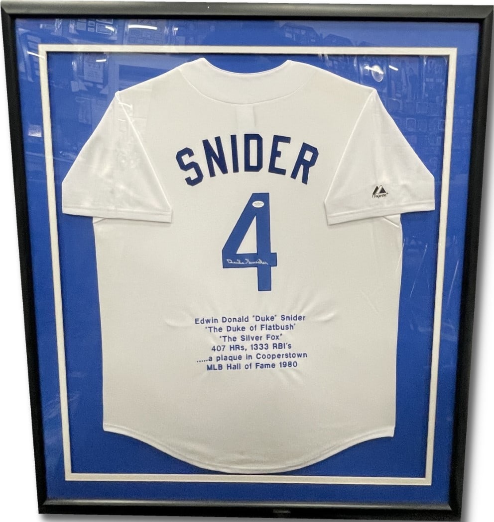 Duke Snider Autographed Custom Framed Jersey Dodgers 41x43 JSA: Duke Snider Autographed Custom Framed Jersey Dodgers 41x43 JSA Celebrate the legacy of Duke Snider with this autographed custom framed jersey. This original Los Angeles Dodgers jersey showcases the le