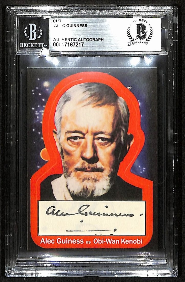 Alec Guinness Autographed Custom 2.5x3.5 Trading Card Beckett Authenticated: Alec Guinness Autographed Custom 2.5x3.5 Trading Card Beckett Authenticated This custom trading card features Alec Guinness as Obi-Wan Kenobi from Star Wars. Measuring 2.5 x 3.5 inches, the card inclu