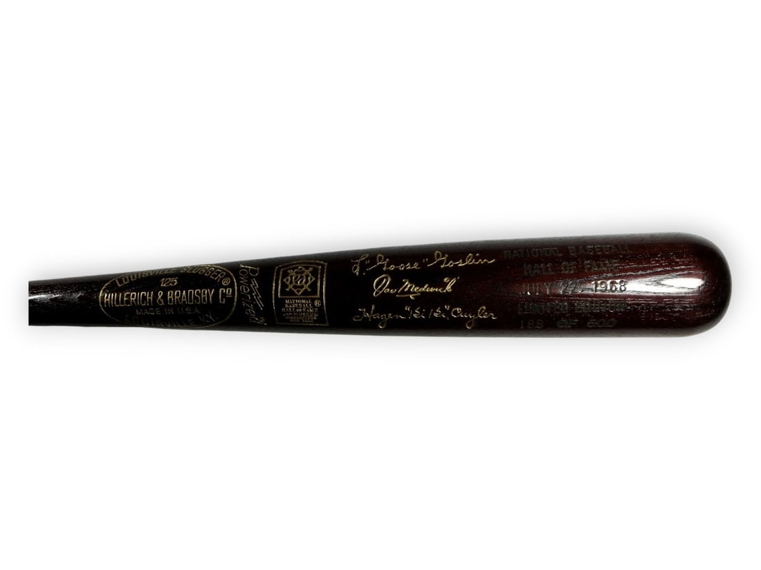 Original 1968 Hall of Fame Induction Bat Honoring Goslin Medwick Cuyler: Original 1968 Hall of Fame Induction Bat Honoring Goslin Medwick Cuyler This limited edition baseball bat honors the 1968 Hall of Fame class, featuring Goose Goslin, Joe Medwick, and Hazen "Kiki" Cuyl