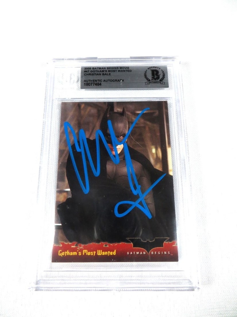 Batman Begins 2005 Trading Card Signed by Christian Bale Beckett Authenticated: Batman Begins 2005 Trading Card Signed by Christian Bale Beckett Authenticated This 2005 Batman Begins #47 trading card features the authentic autograph of Christian Bale. The card has been signed and