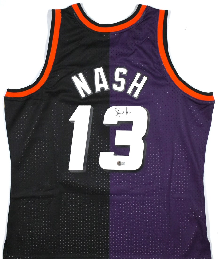 Phoenix Suns Black Purple Jersey Signed by Steve Nash Beckett Authenticated: Phoenix Suns Black Purple Jersey Signed by Steve Nash Beckett Authenticated This pre-owned Mitchell & Ness jersey features the Phoenix Suns colors in black and purple and is signed by Steve Nash. The