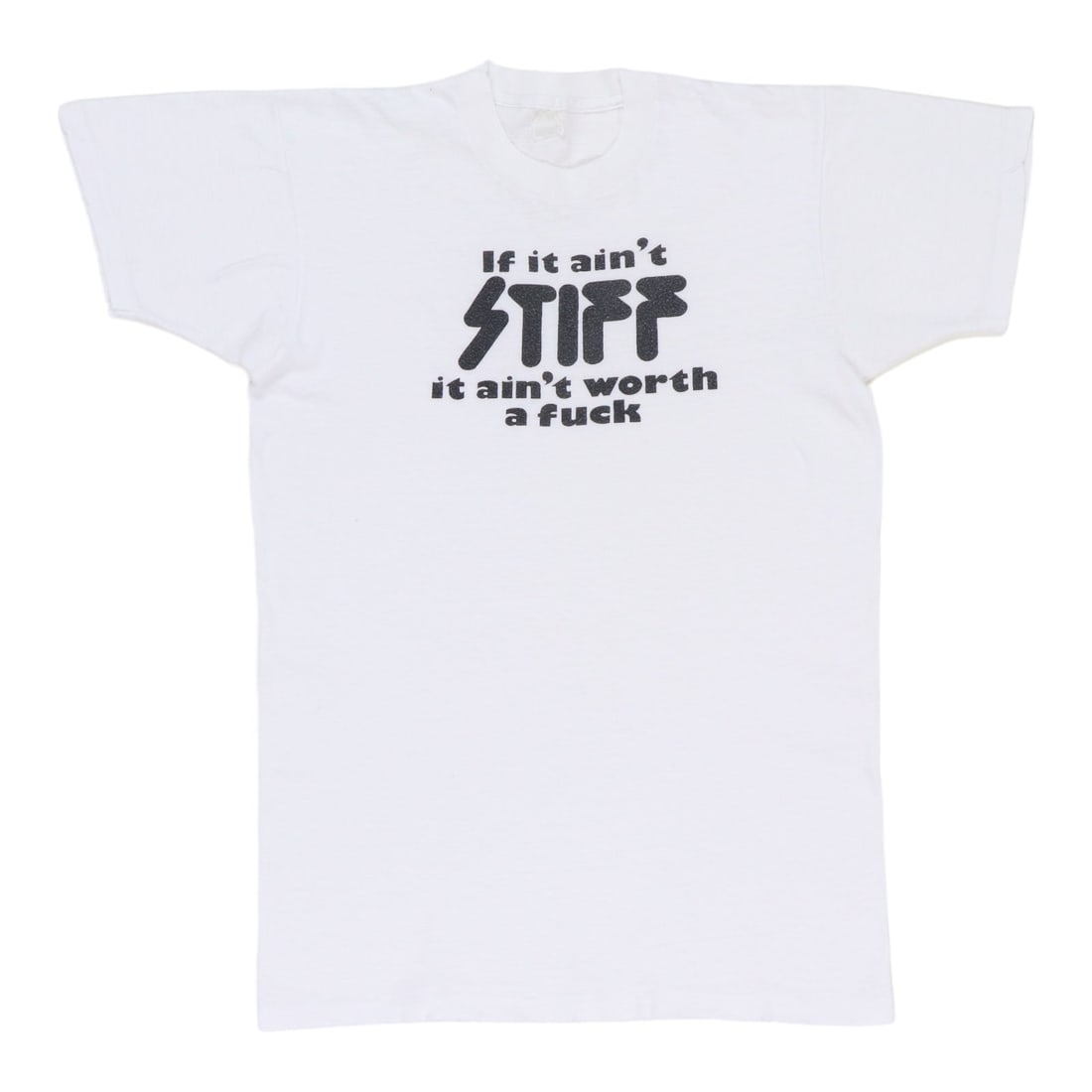 Vintage 1970s White Cotton Stiff Records Ain't Worth A Fuck T-Shirt: Vintage 1970s White Cotton Stiff Records Ain't Worth A Fuck T-Shirt This is an original vintage 1970s Stiff Records "Ain't Worth A Fuck" shirt. Made from 100% cotton, the shirt is white with no back g