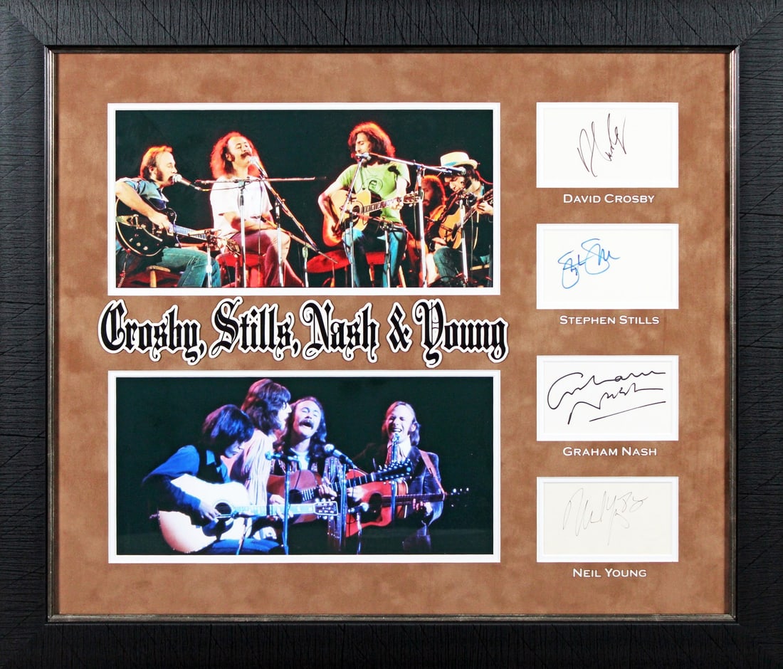 Crosby Stills Nash Young Signed Framed Display with Beckett COA: Crosby Stills Nash Young Signed Framed Display with Beckett COA This stunning autographed framed display features the signatures of legendary musicians David Crosby, Stephen Stills, Graham Nash, and N