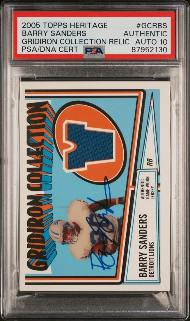 2005 Topps Heritage Barry Sanders Signed Card PSA Authenticated: 2005 Topps Heritage Barry Sanders Signed Card PSA Authenticated This is a 2005 Topps Heritage Gridiron Collection Relic #GCRBS sports trading card featuring an authentic autograph from NFL legend Barr