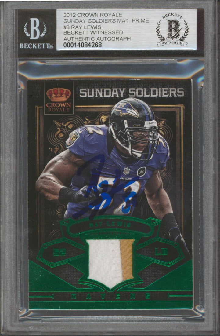 Ray Lewis Autographed 2012 Crown Royale 2/49 Gem Mint 10 Card BAS Slab: Ray Lewis Autographed 2012 Crown Royale 2/49 Gem Mint 10 Card BAS Slab This 2012 Crown Royale Sunday Soldiers Mat Prime #3 card features a stunning autograph from Ray Lewis, a legendary player of the