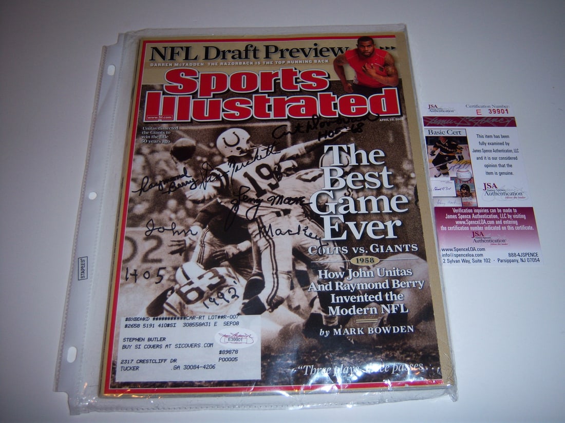 Sports Illustrated NFL Magazine Signed by Donovan Mackey Marchetti Berry Moore JSA COA: Sports Illustrated NFL Magazine Signed by Donovan Mackey Marchetti Berry Moore JSA COA This is an original Sports Illustrated magazine featuring autographs from Art Donovan, John Mackey, Marchetti, Be