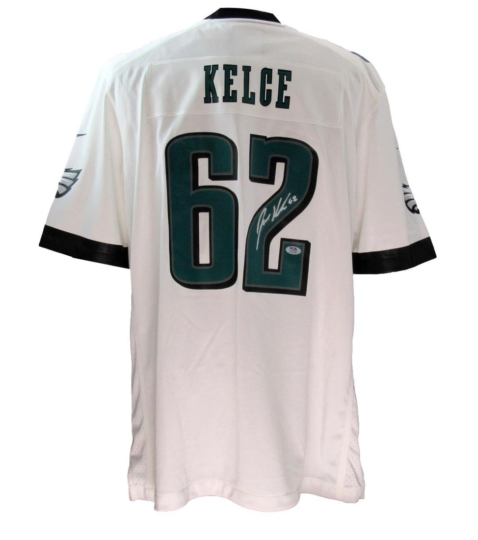 Jason Kelce Signed White Nike Jersey Eagles PSA/DNA Authentic: Jason Kelce Signed White Nike Jersey Eagles PSA/DNA Authentic This is a Jason Kelce Signed White Nike Replica Football Jersey from the Philadelphia Eagles, featuring pressed lettering and designed in