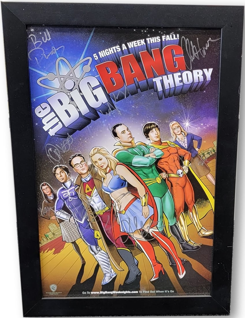 Framed 11x17 Photo Signed by The Big Bang Theory Cast JSA Authenticated: Framed 11x17 Photo Signed by The Big Bang Theory Cast JSA Authenticated This is a pre-owned, framed 11x17 photograph autographed by the cast of The Big Bang Theory. The signatures include Jim Parsons,