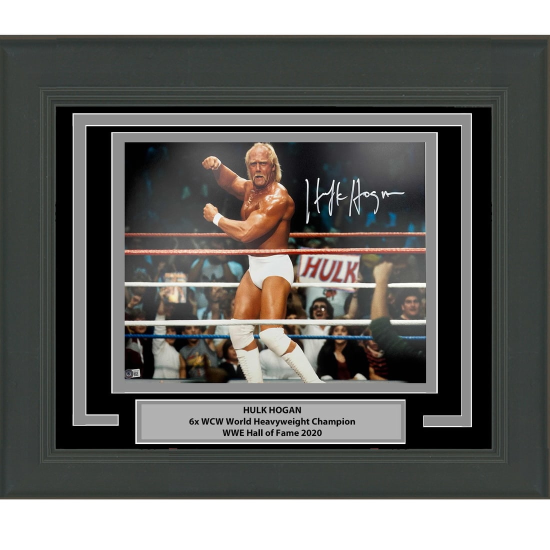 Hulk Hogan Signed 16x20 WWE Photo Framed with Beckett Authentication: Hulk Hogan Signed 16x20 WWE Photo Framed with Beckett Authentication This framed 16x20 photograph features the authentic autograph of wrestling legend Hulk Hogan. The photo is professionally framed an