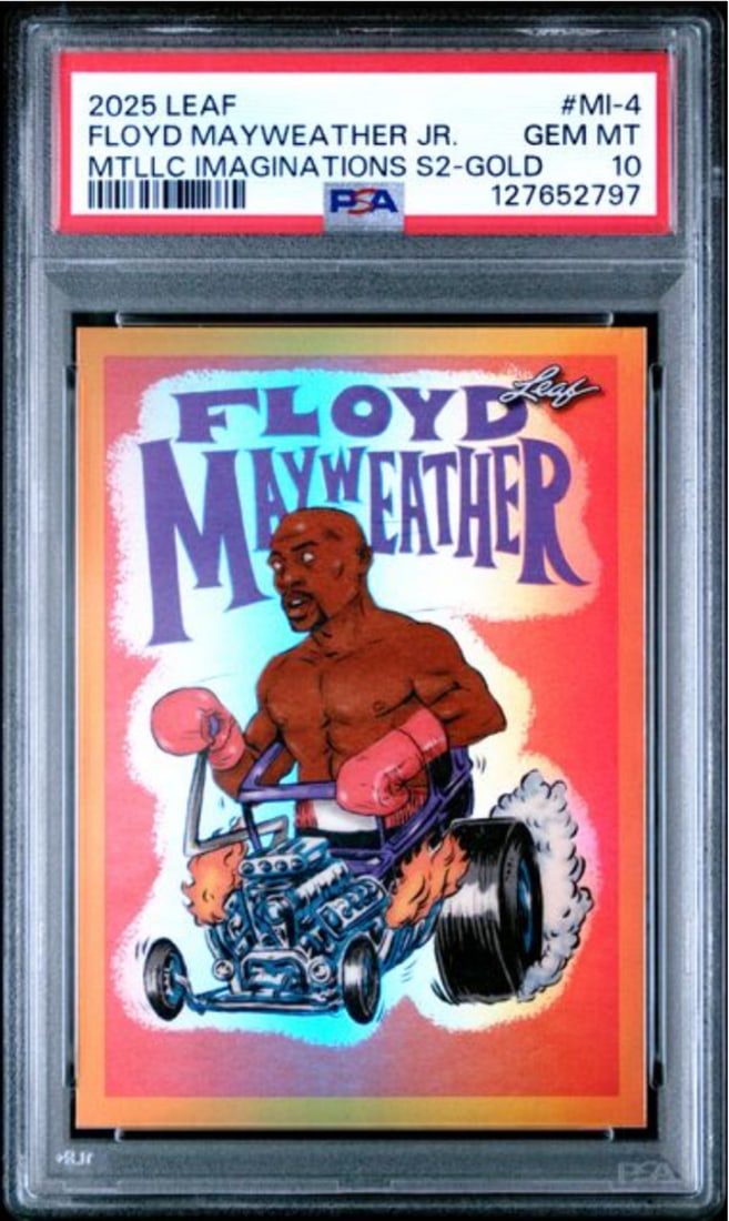 2025 Leaf Floyd Mayweather Jr #MI4 Metallic Series 2 Gold /99 PSA 10 Graded Card: 2025 Leaf Floyd Mayweather Jr #MI4 Metallic Series 2 Gold /99 PSA 10 Graded Card This is a graded 2025 Leaf Floyd Mayweather Jr. #MI4 Metallic Series 2 Gold card, limited to 99 copies. This particular