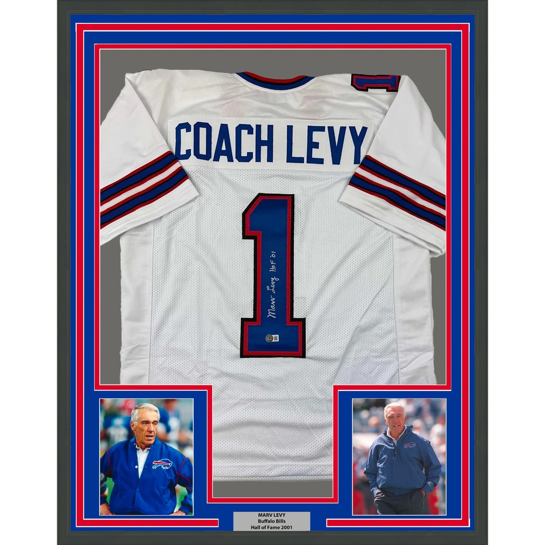 Framed Autographed Marv Levy Buffalo Bills Jersey with BAS COA: Framed Autographed Marv Levy Buffalo Bills Jersey with BAS COA Celebrate NFL history with this professionally framed and autographed 33x42 white jersey of Coach Marv Levy, who led the Buffalo Bills to