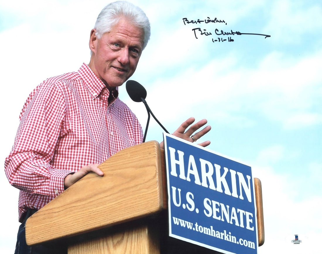 Bill Clinton Signed 11X14 Photo with Best Wishes BAS COA #A02045: Bill Clinton Signed 11X14 Photo with Best Wishes BAS COA #A02045 This authentic signed 11x14 photo features the inscription "Best Wishes, 1-31-16" and has been personally autographed by Bill Clinton.