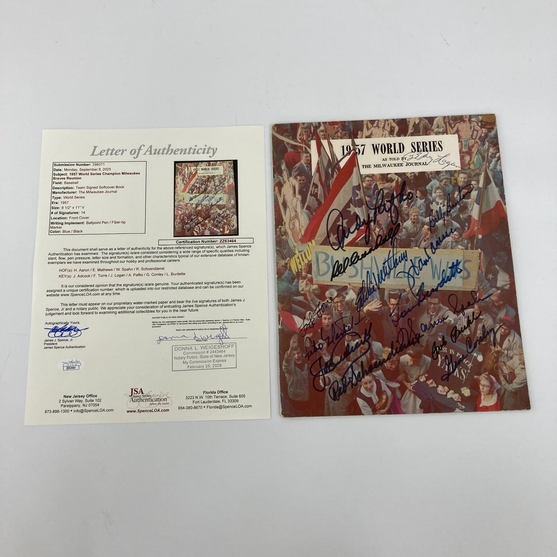 1957 Milwaukee Braves Team Signed Program Hank Aaron JSA COA: 1957 Milwaukee Braves Team Signed Program Hank Aaron JSA COA Celebrate the legacy of baseball with this original 1957 Milwaukee Braves World Series Champs Team Signed Program. Authentically signed by