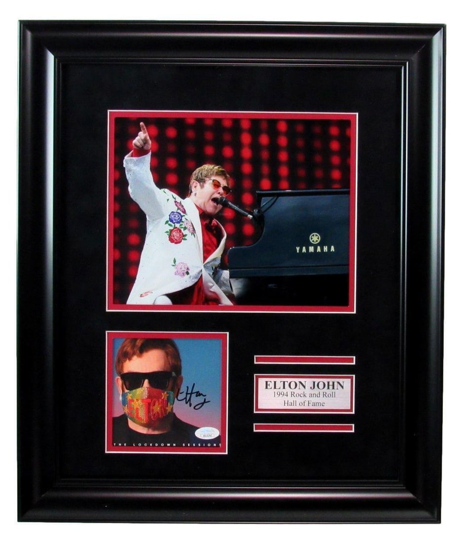 Elton John Framed Autographed CD Cover Photo JSA Authenticated: Elton John Framed Autographed CD Cover Photo JSA Authenticated This Elton John autographed CD cover comes beautifully framed and includes a photo. The item is authenticated by JSA, ensuring its origin
