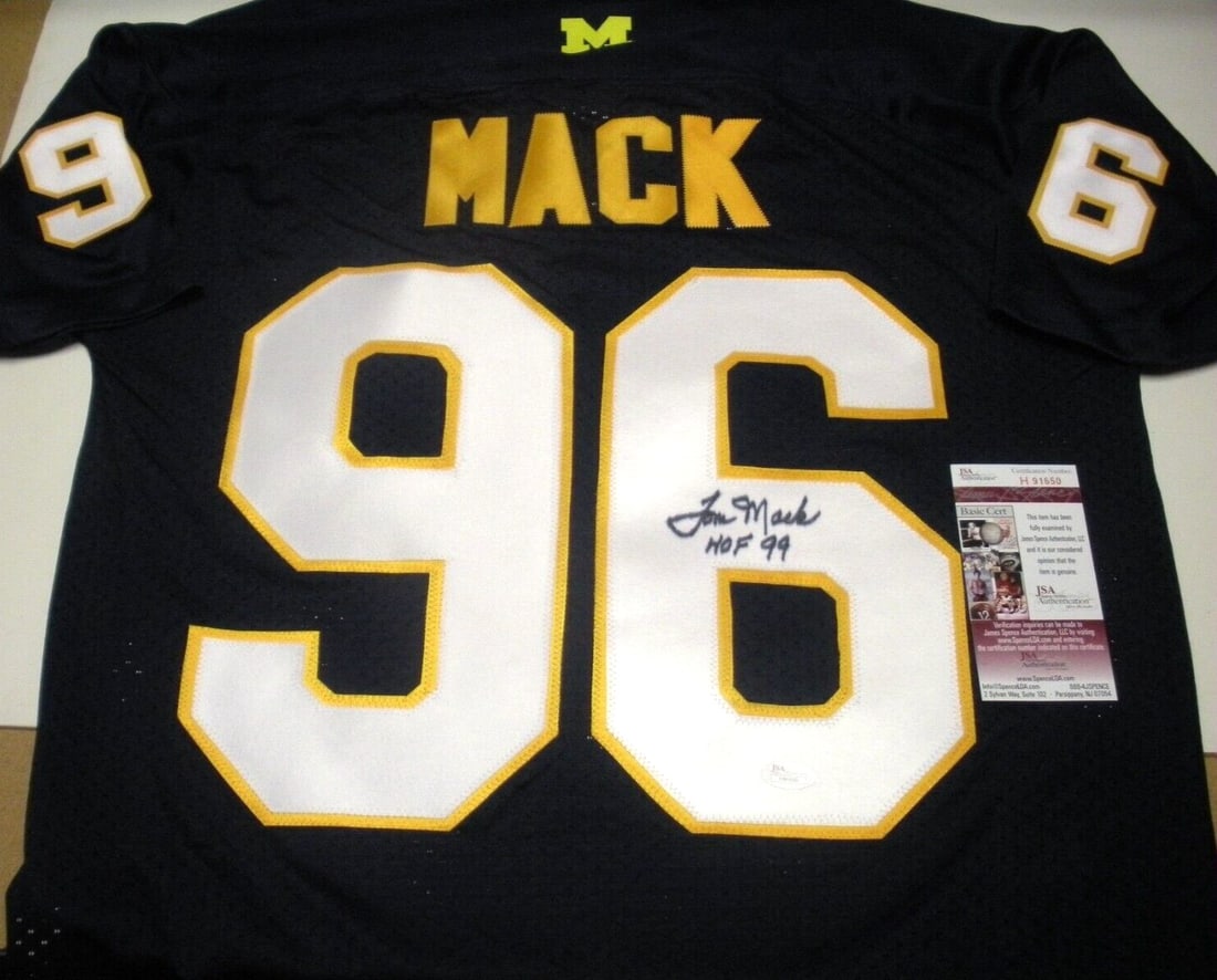 Tom Mack Signed Michigan Wolverines Adidas Jersey with JSA COA: Tom Mack Signed Michigan Wolverines Adidas Jersey with JSA COA Showcase your support for the Michigan Wolverines with this officially licensed Adidas jersey, signed by Hall of Famer Tom Mack. This aut