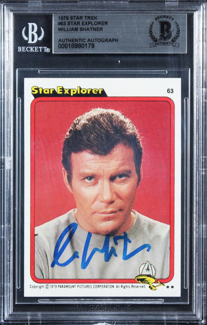 William Shatner Signed 1979 Star Trek #63 Explorer Card Beckett Authenticated: William Shatner Signed 1979 Star Trek #63 Explorer Card Beckett Authenticated This authentic 1979 Star Trek #63 Explorer Card has been personally signed by the iconic William Shatner, known for his ro