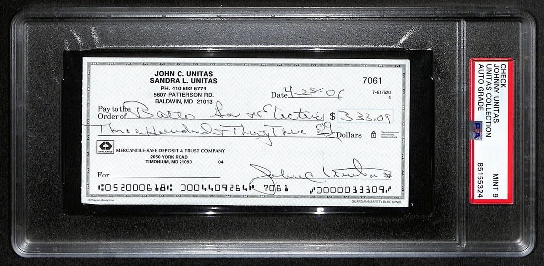 Johnny Unitas Signed Check PSA/DNA MINT 9 Baltimore Colts: Johnny Unitas Signed Check PSA/DNA MINT 9 Baltimore Colts This is an original, signed check from football legend Johnny Unitas, featuring his signature dated April 28, 2002. The check has been authent