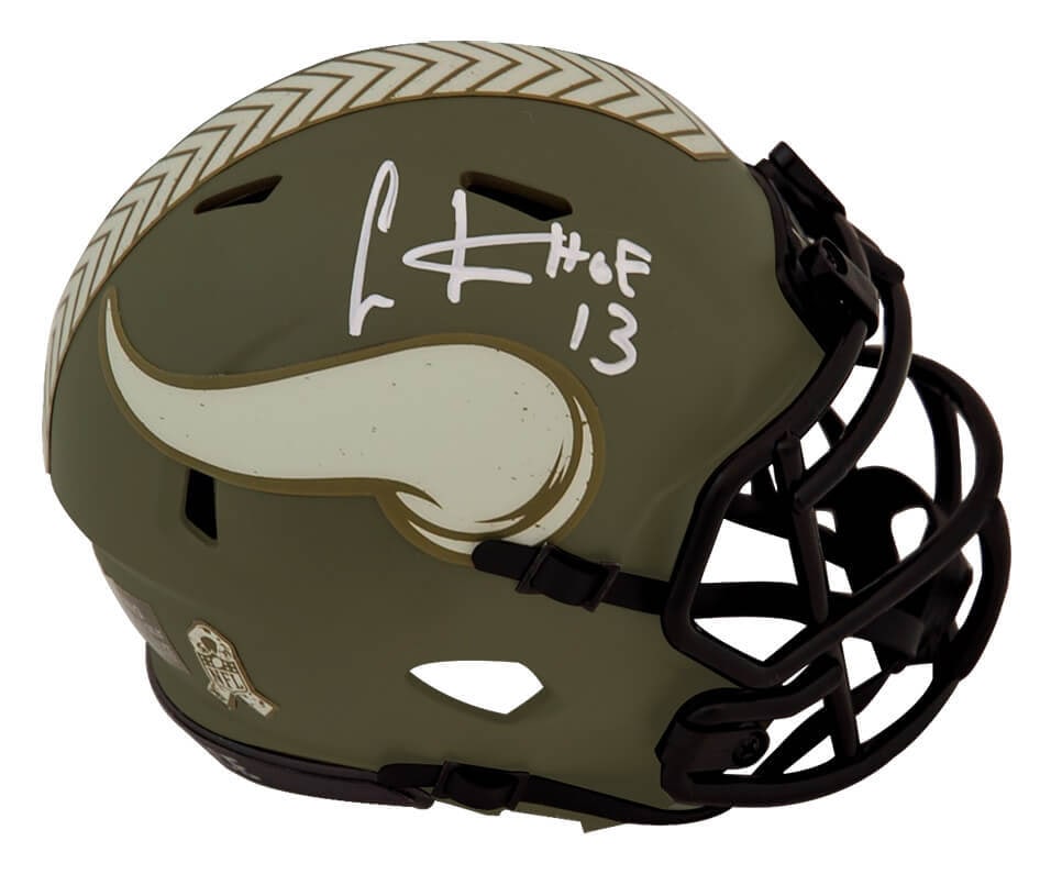 Cris Carter Signed Vikings Mini Helmet HOF 13 with COA: Cris Carter Signed Vikings Mini Helmet HOF 13 with COA This original Cris Carter signed Minnesota Vikings Salute to Service Riddell mini helmet features the iconic 'HOF 13' inscription, making it a mu