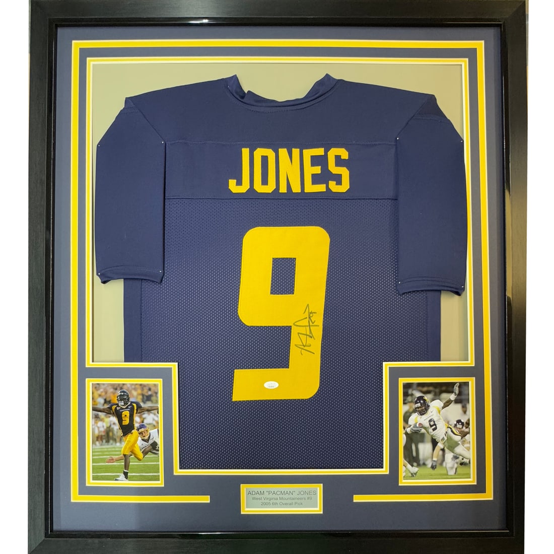 Framed Autographed Adam Pacman Jones College Jersey JSA COA: Framed Autographed Adam Pacman Jones College Jersey JSA COA Celebrate the legacy of Adam Pacman Jones with this professionally framed and autographed college jersey from his time with the West Virgini