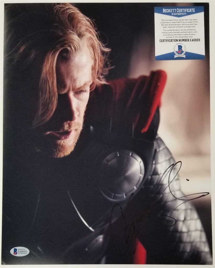 11x14 Photograph Signed by Chris Hemsworth as Thor with Beckett BAS COA: 11x14 Photograph Signed by Chris Hemsworth as Thor with Beckett BAS COA This is an original 11x14 photograph signed by Chris Hemsworth as Thor from the Marvel franchise. The autograph is authenticated