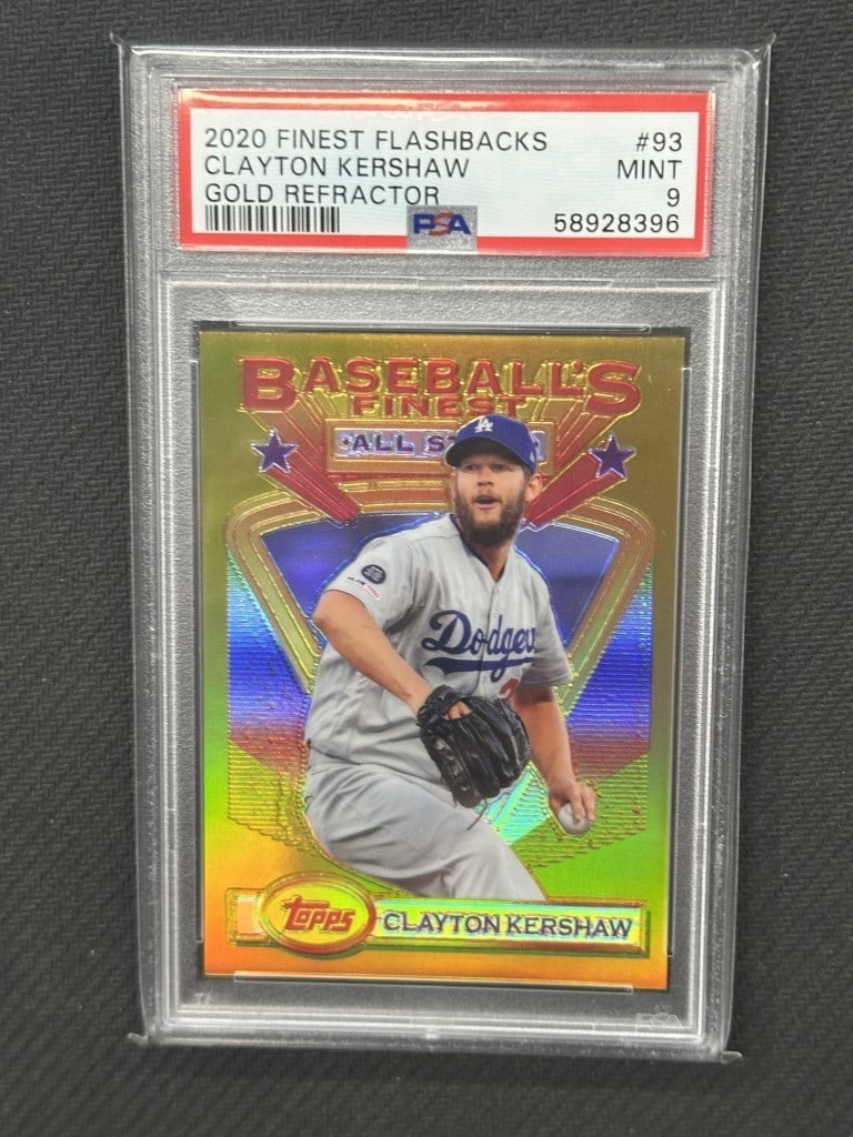 Clayton Kershaw 2020 Topps Finest Gold Refractor PSA 9 #93: Clayton Kershaw 2020 Topps Finest Gold Refractor PSA 9 #93 This 2020 Topps Finest Flashback Gold Refractor baseball card features Clayton Kershaw, a standout from the Los Angeles Dodgers. Graded by Pr