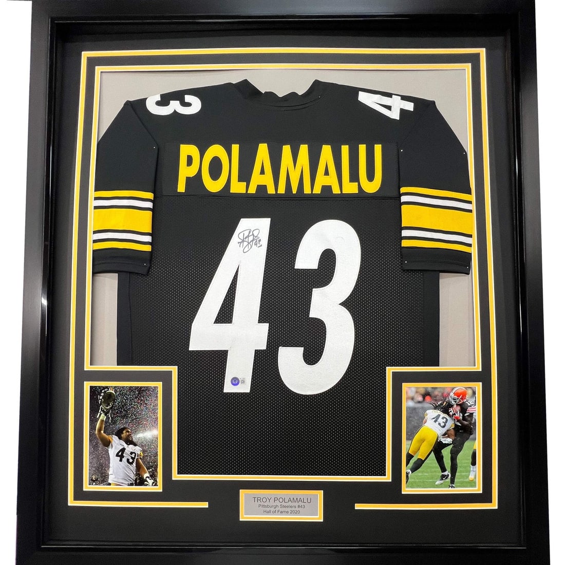 Framed Autographed Troy Polamalu Jersey Pittsburgh Steelers JSA COA: Framed Autographed Troy Polamalu Jersey Pittsburgh Steelers JSA COA This professionally framed and matted piece features an autographed black jersey of NFL star Troy Polamalu, a true collectible for a