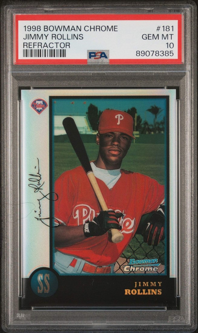 1998 Bowman Chrome Jimmy Rollins Refractor RC PSA 10 Baseball Card: 1998 Bowman Chrome Jimmy Rollins Refractor RC PSA 10 Baseball Card This is a graded 1998 Bowman Chrome Jimmy Rollins #181 Refractor rookie baseball card, certified with a grade of 10 by Professional S