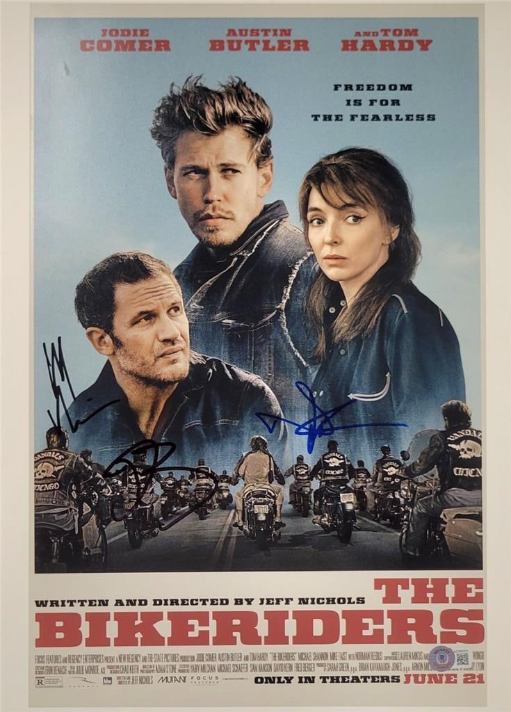 Signed 11x17 Bikeriders Cast Photo Beckett Authenticated Reedus Butler Nichols: Signed 11x17 Bikeriders Cast Photo Beckett Authenticated Reedus Butler Nichols This original 11x17 photograph features the cast of "The Bikeriders" with signatures from Norman Reedus, Tom Hardy, and C