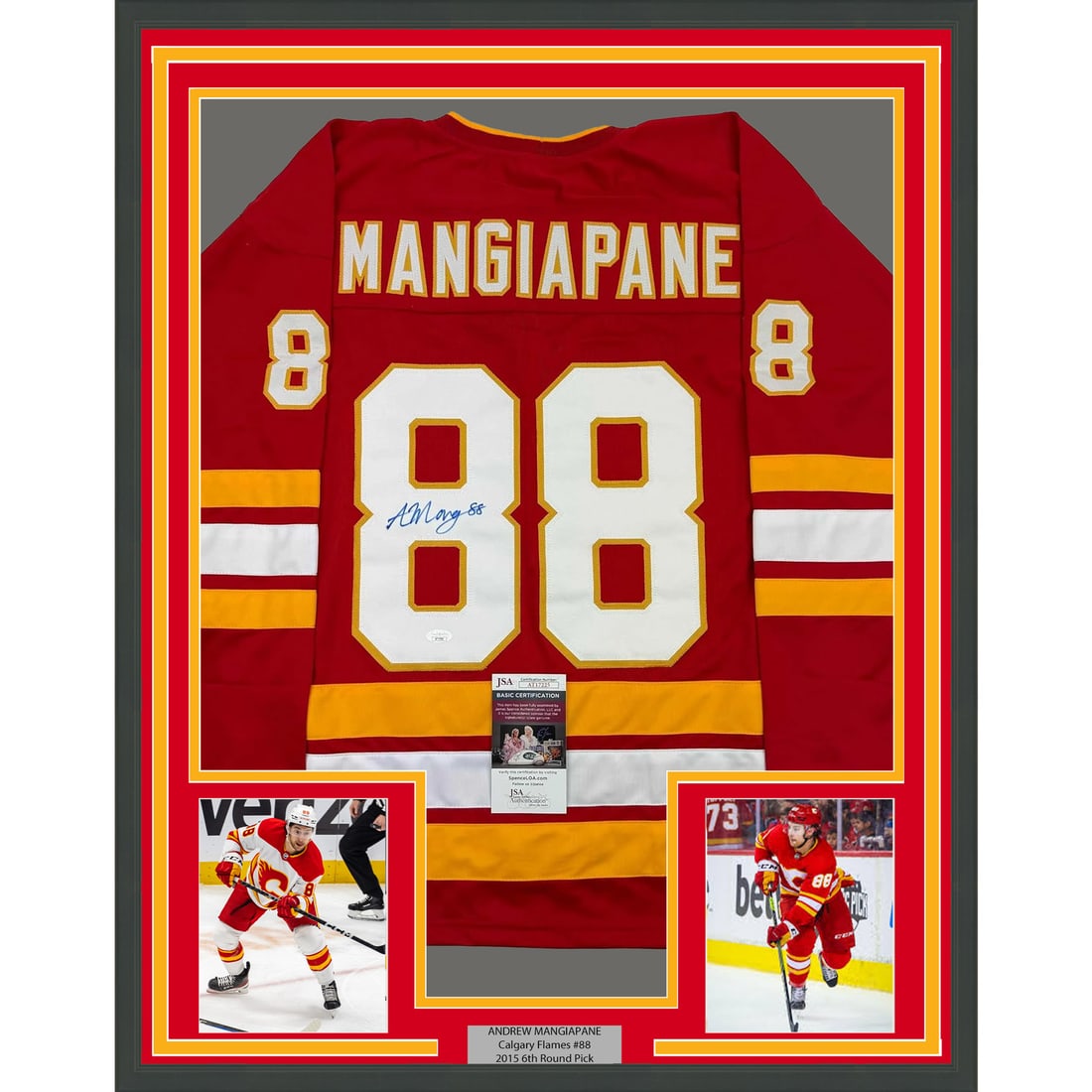 Framed Andrew Mangiapane Autographed Calgary Flames Jersey with JSA COA: Framed Andrew Mangiapane Autographed Calgary Flames Jersey with JSA COA Celebrate your love for hockey with this stunning, professionally framed autographed Andrew Mangiapane Calgary Flames jersey. Th
