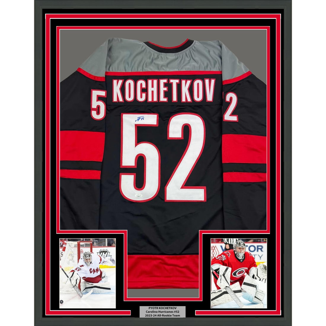Framed Pyotr Kochetkov Signed Carolina Hurricanes Jersey JSA COA 35x39: Framed Pyotr Kochetkov Signed Carolina Hurricanes Jersey JSA COA 35x39 This professionally framed and matted display features an autographed Pyotr Kochetkov Carolina Hurricanes black jersey, making it